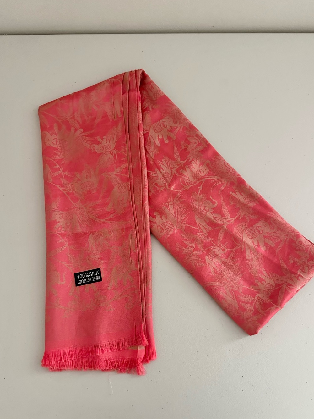 100% Silk Elephant Jacquard Scarf Wrap Shawl Coral Pink Fringe 75x26 Boho Travel